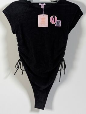 Savage X Fenty Black Ruched Bodysuit with Pink Patch